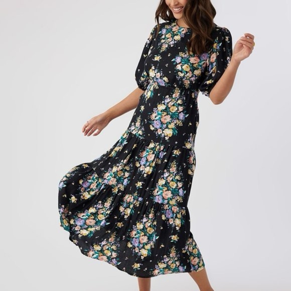 O’Neill NWT Alta Midi Floral Open Back Dress Women’s Small Black/Multi Romantic - Picture 3 of 14